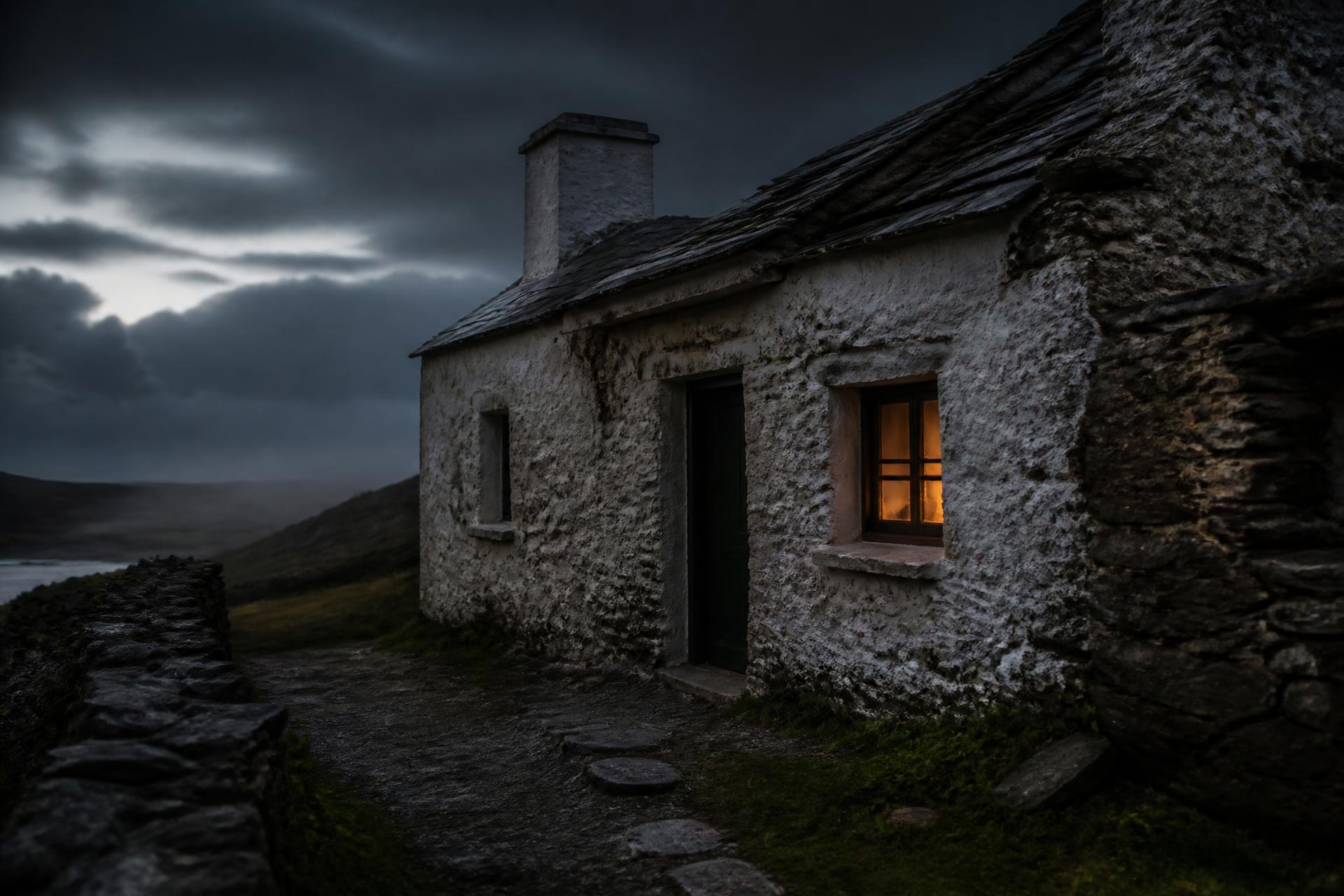 Old Irish stone cottage at dusk with firelit window